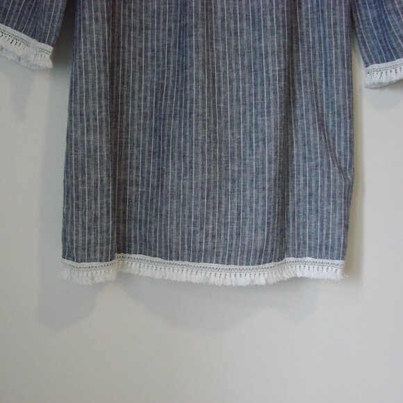 Linen Blend Striped Floral Dress Loose Embroidered Fringe BeachLunchLounge XS - Picture 13 of 13